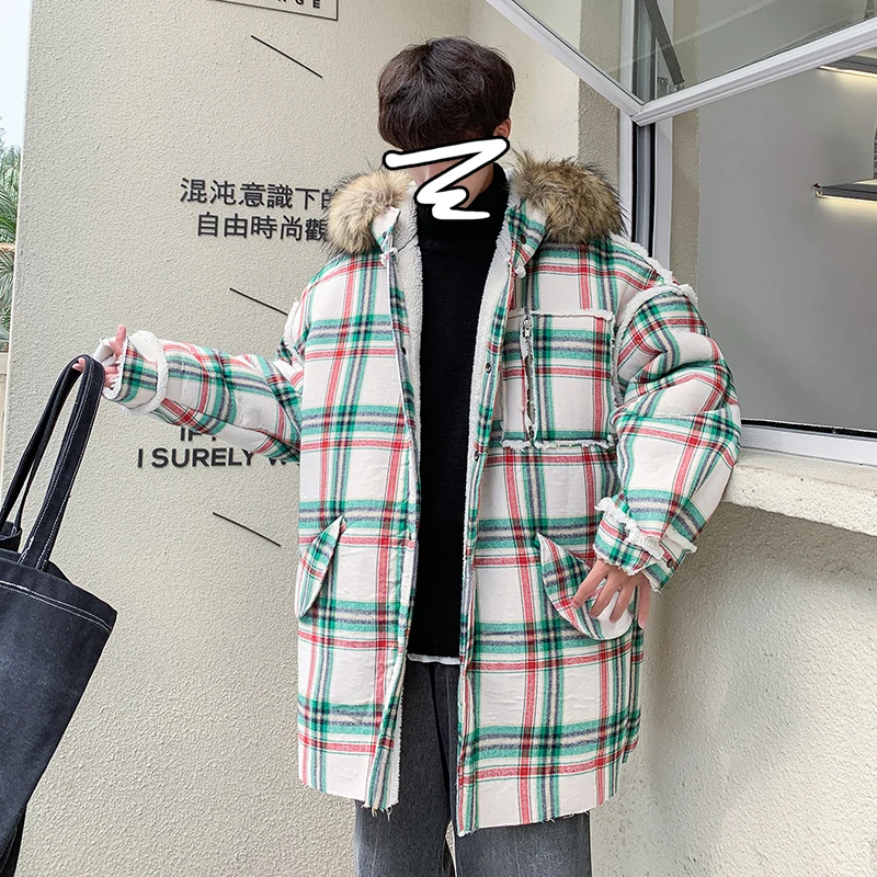 

Winter Lamb Fur Coat Men Warm Thicken Parka Men Fashion Retro Casual Fur Collar Hooded Coat Man Cotton Long Plaid Jacket Clothes