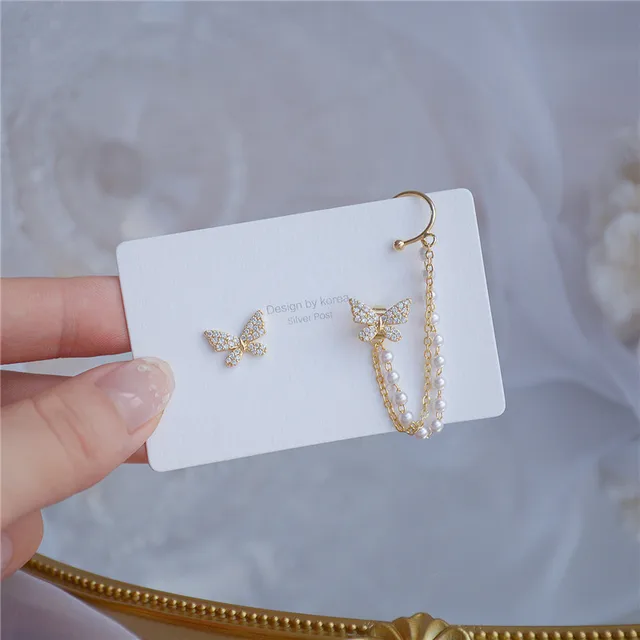 Korean Fashion Simple Butterfly Tassel Earrings For Girls Women Piercing Long Earrings 2021 Trend Hanging Metal Ear Cuff Jewelry A pair