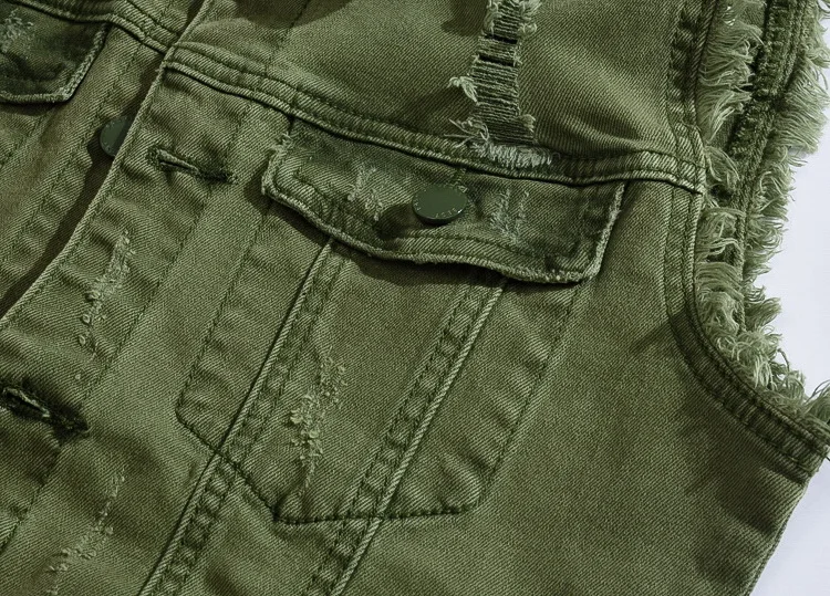 Men Army Green Denim Vest Casual Mens Slim Single Breasted Vest Youth Handsome Denim Jacket