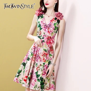 

TWOTWINSTYLE Elegant Print Dresses Female V Neck Sleeve Hit Color Patchwork Floral Midi Summer Dress Women Fashion Clothes Tide