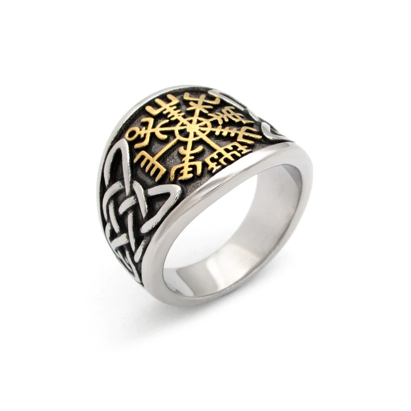 

Free Shipping Gold Plated 316L Stainless Steel Viking Cross Compass Runic Pirate Men's Ring Nautical Fashion Jewelry