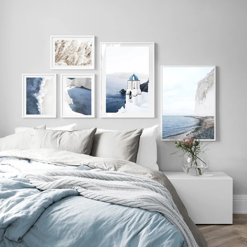 Nordic Nature Landscape Print Poster Santorini White Architecture Blue Sea Canvas Oil Painting Wall Art Living Room Home Decor | Дом и сад