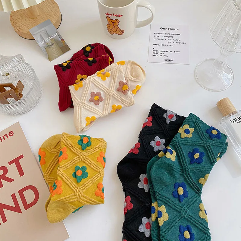 

Korea Dongdaemun The Same Style Small Floral Rhombus Cotton Tube Socks Mori Sweet Autumn Trendy Women's Long Socks