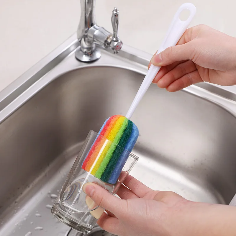 

Rainbow Color Cleaning Brushes Kitchen Cleaning Tool Sponge Brush for Wineglass Bottle Coffe Tea Glass Cup Long Handle Brush