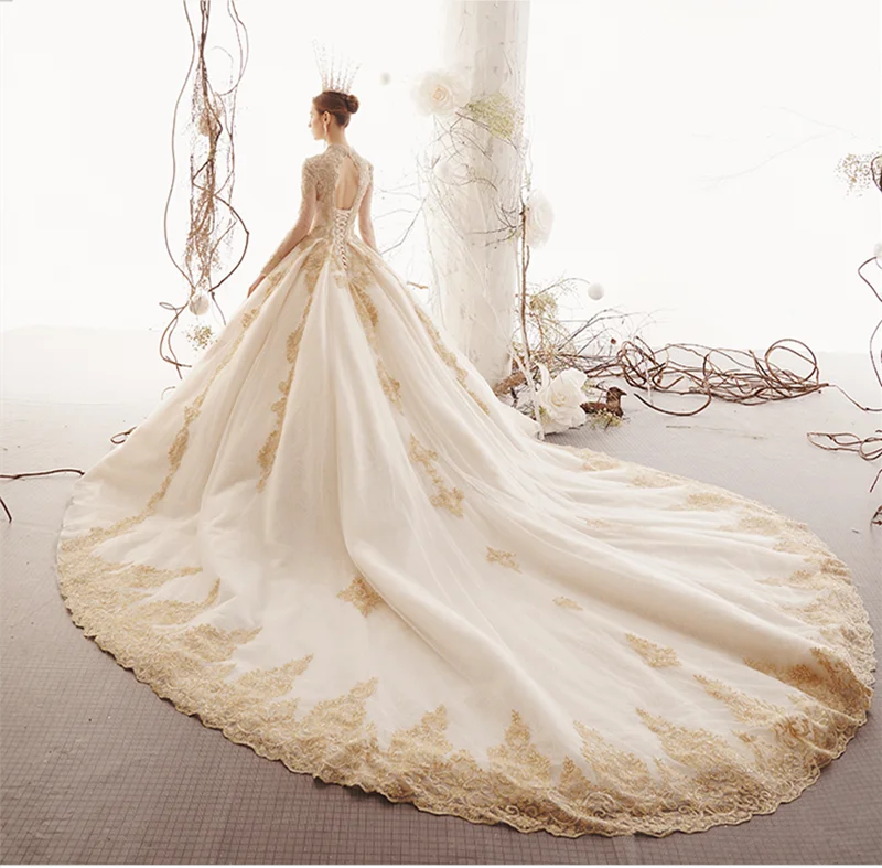 SoAyle Vestido de Noiva Hepburn роскошное свадебное платье цвета шампань с v-образным вырезом и Длинными Рукавами Свадебное Платье вышитое бисером кружевное платье с аппликацией