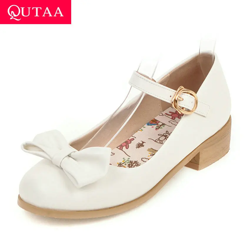 

QUTAA 2020 Sweet Butterfly-Knot PU Platform Buckle Women Pumps Spring Autumn Round Toe Middle Heel Shallow Women Shoes Size34-43