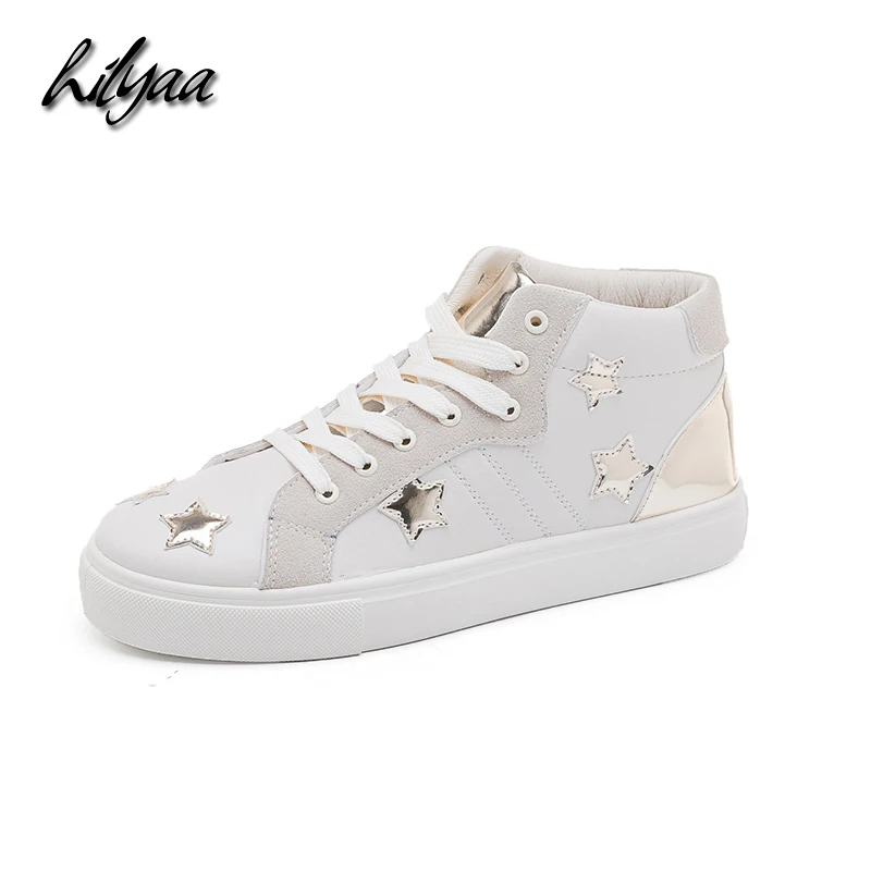 

2019 New Woman Sneakers PU Solid Color Platform Flats Shoes Female Casual Outdoor Lace-up Gold Stars Vulcanized Shoes Women
