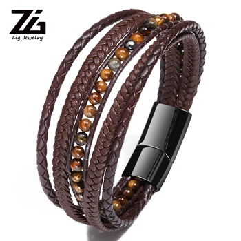 

ZG Leather Bracelet Men Black Stainless Steel Magnetic Buckle Beads Bracelet Jewelry Best Gift Mens Bracelets 2019