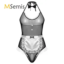 Мужское прозрачное Сетчатое нижнее белье, костюм горничной, одежда для ролевых игр, нижнее белье, Кружевное боди с лямкой на шее и открытой спиной, с фартуком-бантом Мужское прозрачное Сетчатое нижнее белье, костюм горничной, одежда для ролевых игр, нижнее белье, Кружевное боди с лямкой на шее и открытой спиной, с фартуком-бантом