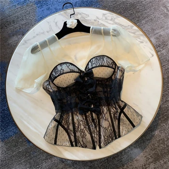 

2020 Summer Sexy Blouse for Women New Western Style Blouse Temperament Perspective Organza Splicing Bowknot Lace Chiffon Shirt