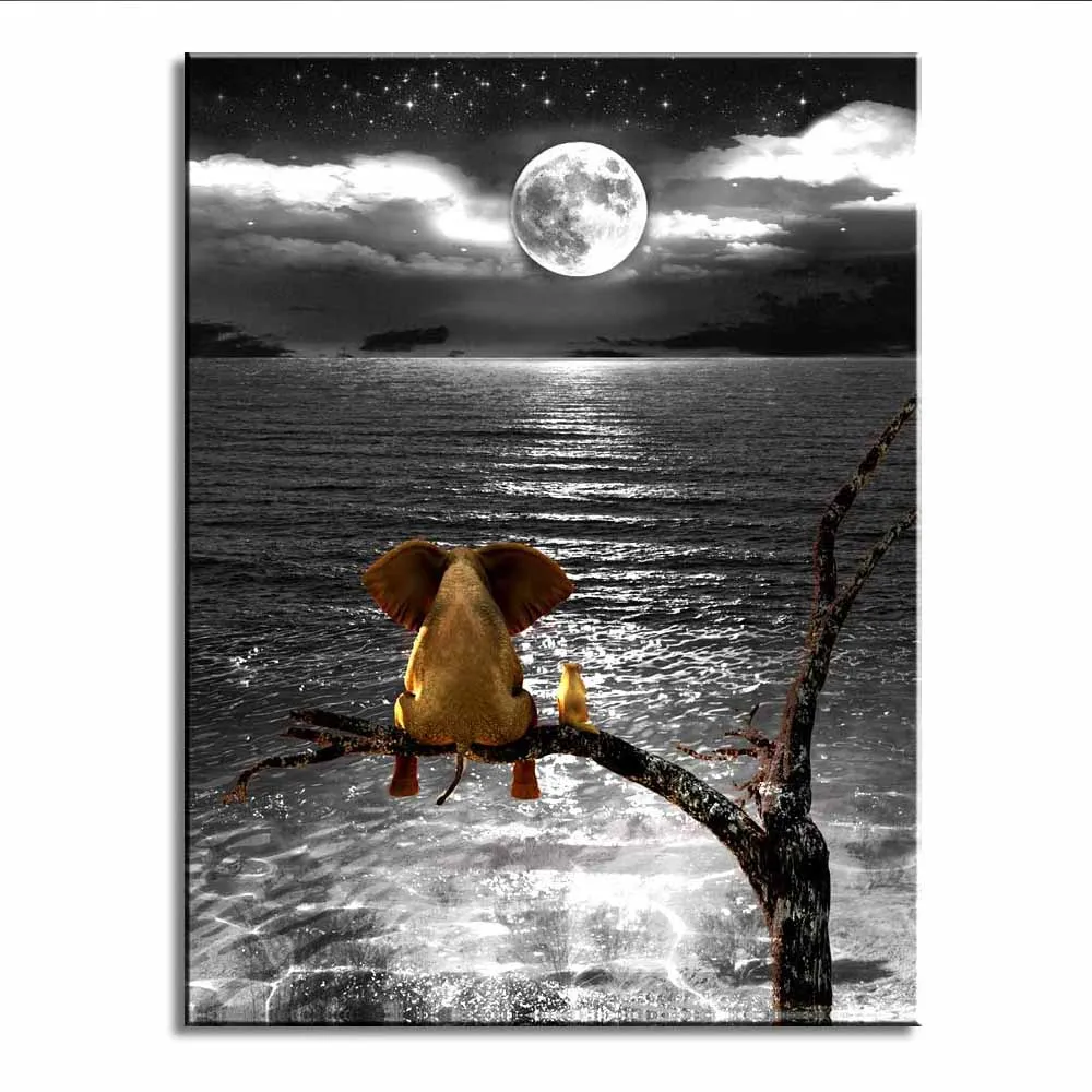 Bathroom Decor Artwork Black and White Ocean sea Animal Resting Elephant Look Moon Framed Wall Art Giclee Canvas Artw | Дом и сад