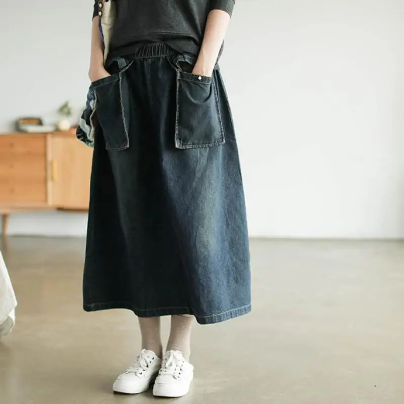 

2019 Autumn New Korean Denim Skirt Solid Color Leisure Fashion Big Pocket Comfortable All-match Women Long Denim Skirt
