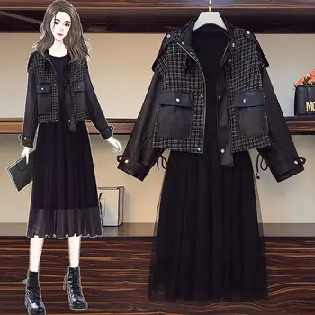 

Autumn and winter new suit foreign style show thin splicing leather dress two piece set