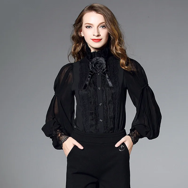 

Anti-Climbing One-piece Silk Shirts 2019 Autumn New Style Slim Fit Slimming Camellia England Palace Style Lantern Sleeve Shirt