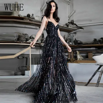 

WUHE Shiny Glitter Sequines Party Loose Maxi Dress Sexy Spaghetti Strap V Neck Backless Elegant Sequined Long Shiny Women Dress