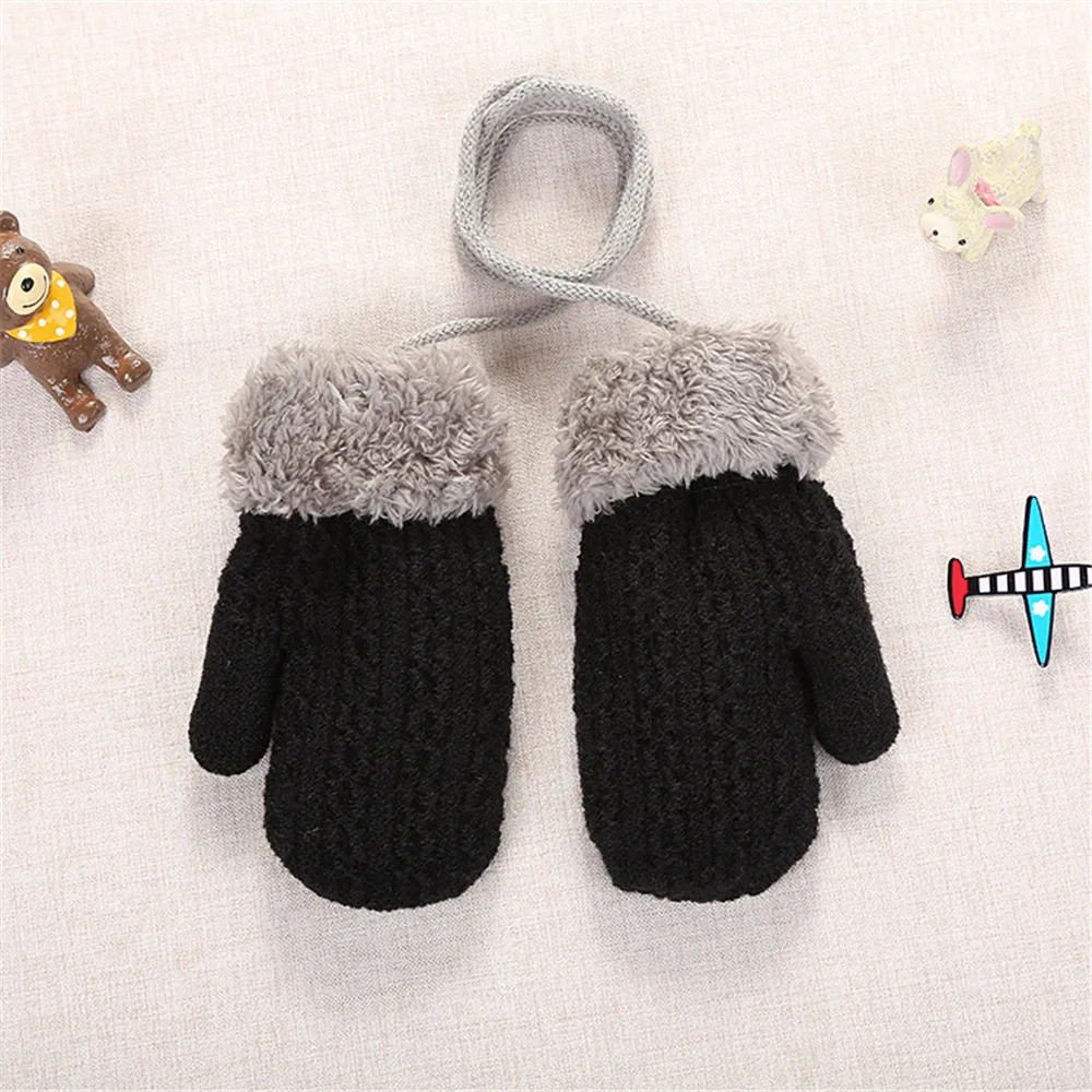 1Pair New Winter Boys Girls Cute Knitted Gloves Warm Rope Full Finger Mittens Gloves for Children Toddler Kids Gloves - Цвет: black