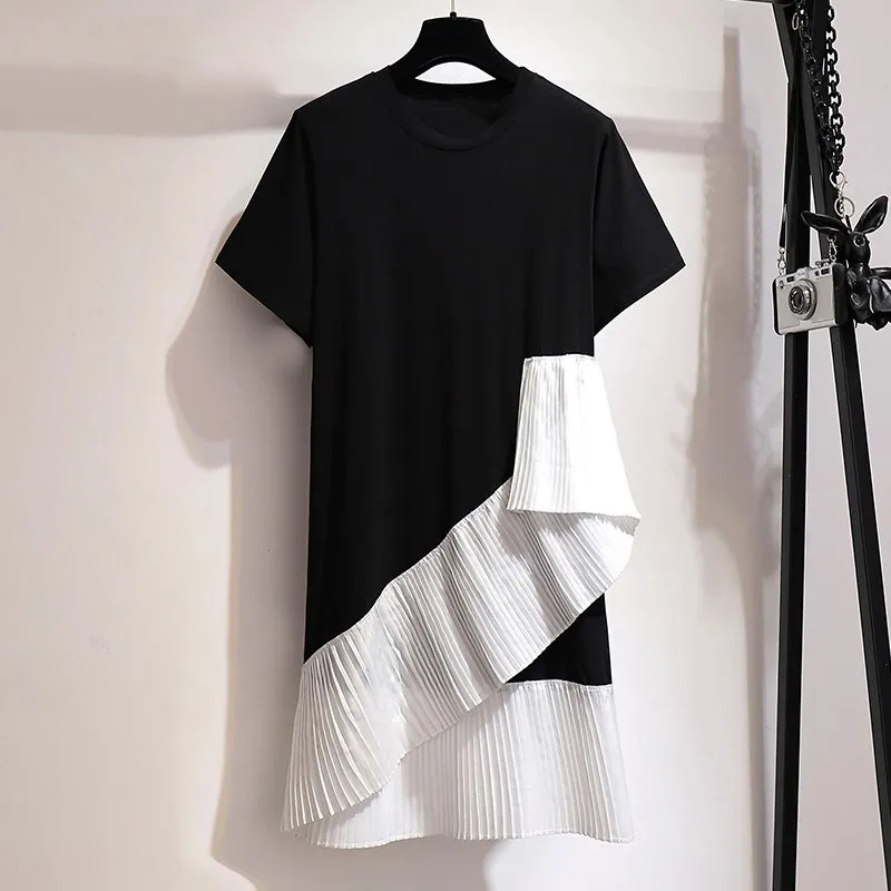 Vrouwen T-shirt Midi Jurk High Street Patchwork Ruche Trui Casual Dress Vrouwen T-shirt Midi Jurk High Street Patchwork Ruche Trui Casual Dress