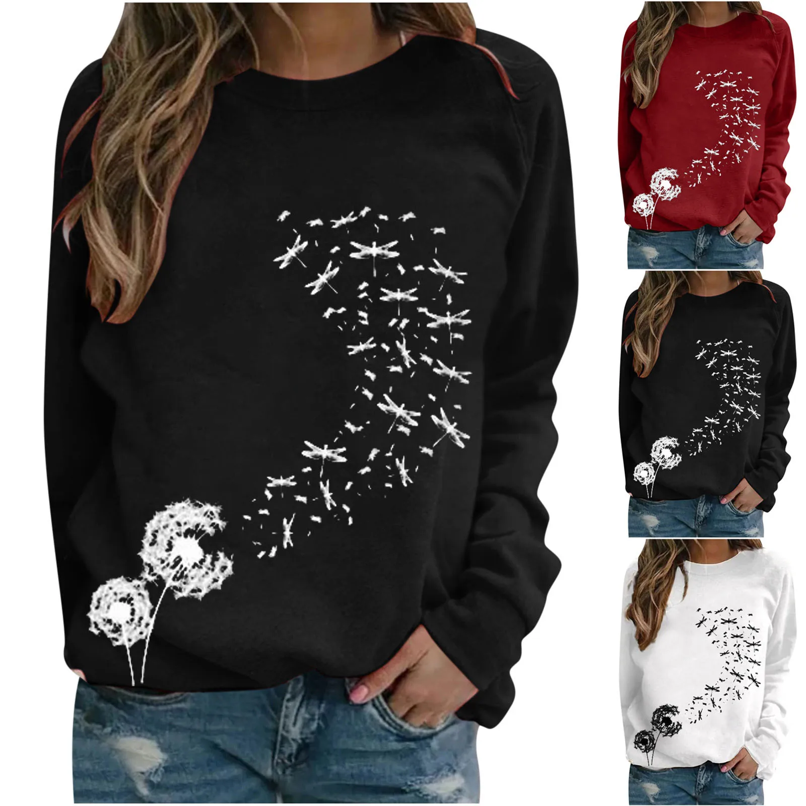 Harajuku Women T shirt Casual O- Neck Dandelion print Long-sleeved T-shirt Ladies Fashion Tops Tees Women's Clothing Streetwear 1
