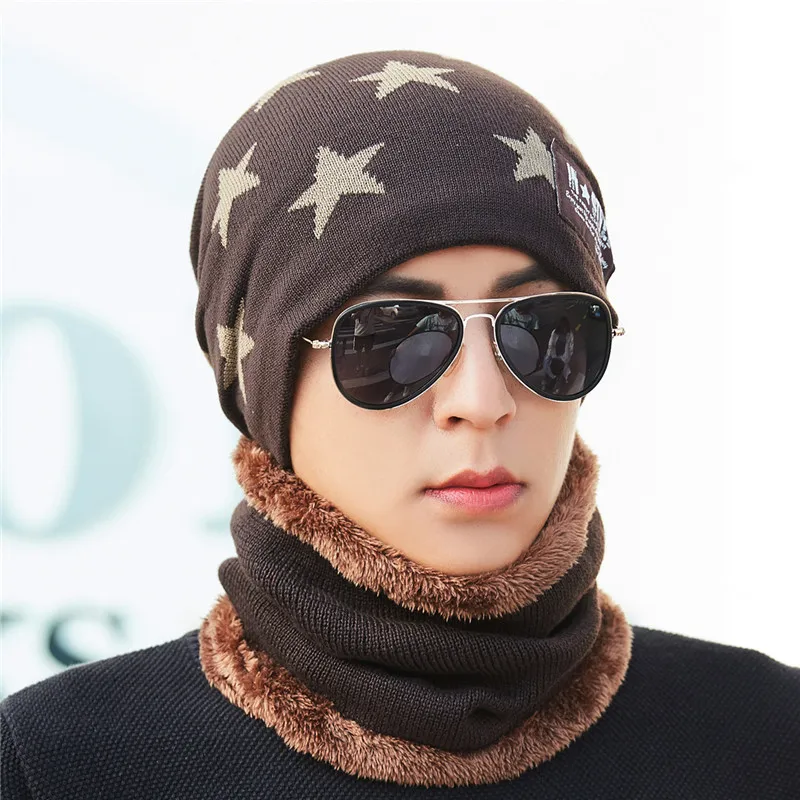 men hat set coffee Женские зимние толстые вязаные шапки, шарфы, набор плюшевых воротников, теплая шапка-ушанка, шерстяной шарф, комплект из двух предметов для мужчин - Color: men hat set coffee