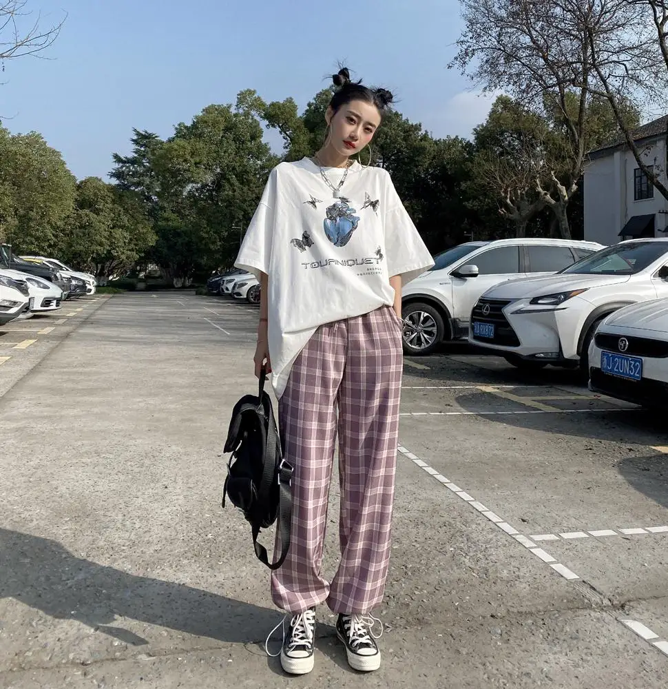 

Plaid Pants Ladies Casual Chic Loose Wide-Leg Pants Retro Teen Harajuku Hip-Hop All-Match Unisex Street Clothing