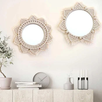 

Nordic Style Hanging Wall Mirror Decor Handmade Decorative Rope Tapestry Makeup Mirrors Bathroom Living Room Decoration Gift