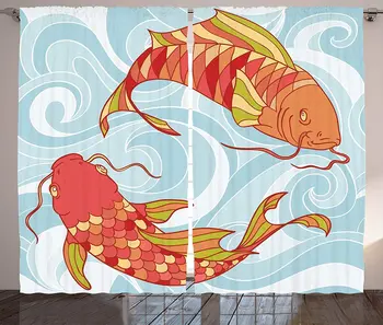 

Koi Fish Curtains Hand Drawn Colorful Koi and Swirled Sea Waves Japanese Oriental Art Design Living Room Bedroom Window Drapes