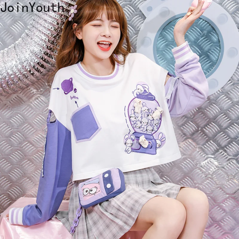 Joinyouth Sweatshirt Women Heavy Embrotidery Hollow Out Off Shoulder Hoodies 3D Bear Cute Japanese Sweet Short Tops Mujer 7c445 | Женская
