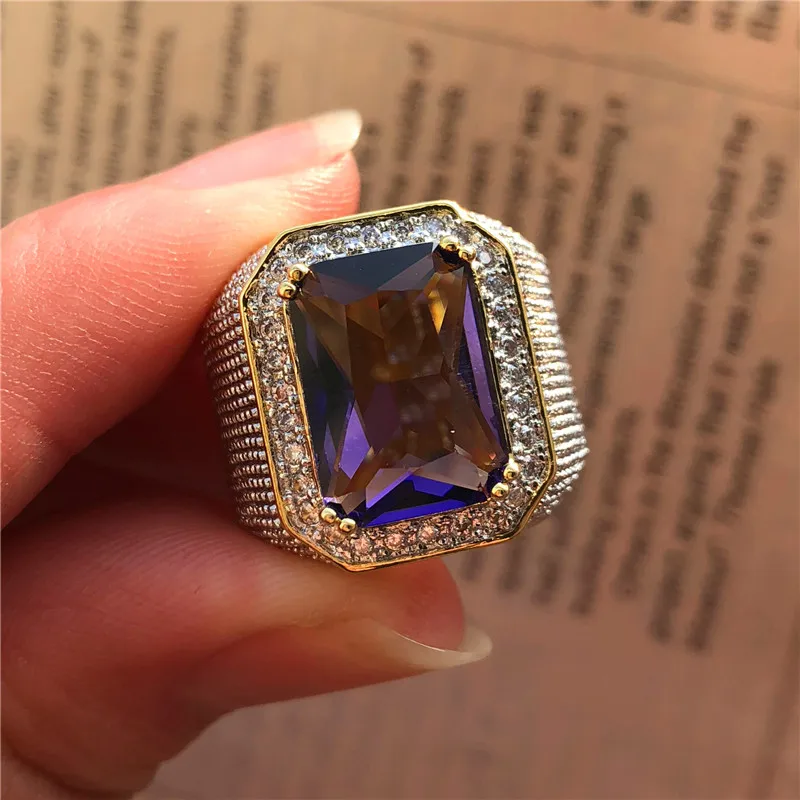 Великолепное большое мужское женское пурпурное каменное кольцо кристалл желтое золото обручальное кольцо большие обручальные кольца для мужчин и женщин