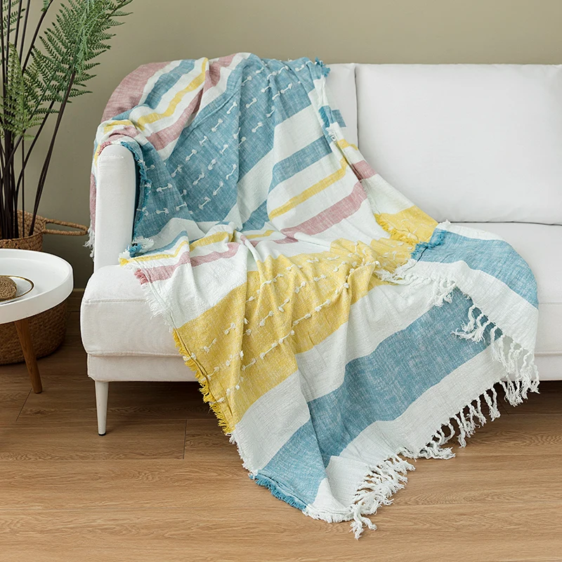 Washed Cotton Blanket Sofa Throw Blanket Tassles Stripe Travel Blanket