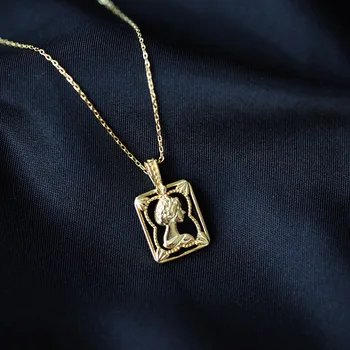 

925 silver three-dimensional embossed girl beauty head French palace retro black agate necklace for women