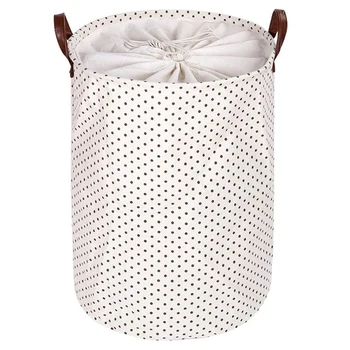 

Laundry Basket with Durable Leather Handle, Drawstring Waterproof Round Cotton Linen Collapsible Storage Basket