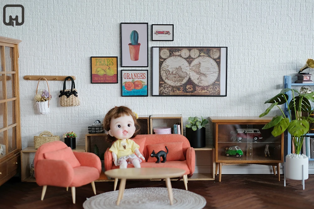 1:12 dollhouse miniature kids furniture toy DIY mini model big mural accessories map pattern living room dollhouse kit Roombox