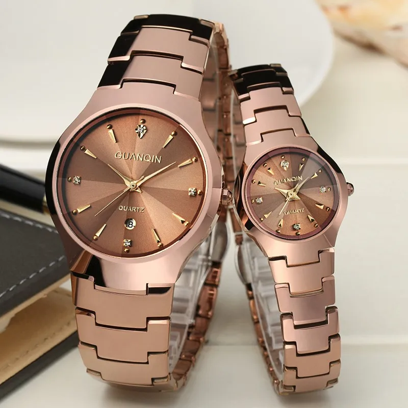 Reloj pareja GUANQIN часы для пары роскошные часы из нержавеющей стали с календарем Мужские часы женские часы Relogios Femininos relogios masculino - Цвет: rose gold
