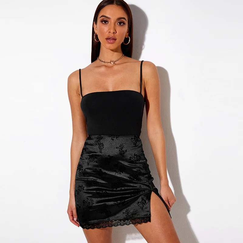 [You're My Secret] Goth Vintage Sexy Split Skirt Flocking Embossing Dark Mini Skirts Floral Aesthetic Lace Patchwork Streetwear | Женская