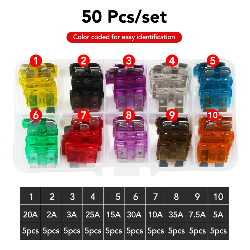 Fusibile A Lama Automatica Standard 30Pcs Per Auto 5A 10A 15A 20A 25A 30 AMP Ogni 5 Pezzi Fusibile Per Auto Fusibile Automatico Bianco Giallo Rosso Blu Arancione Verde - Foto 13