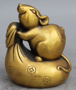 

JP S0006 10CM Chinese Pure Bronze Fengshui Copper Money Wealth Animal Mouse rat Statue