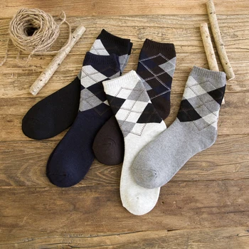

5 Pairs/Lot Men's Cotton Thick Warm Socks Autumn And Winter Breathable Fashion Diamond Business Dress Socks For Male Socks Sox