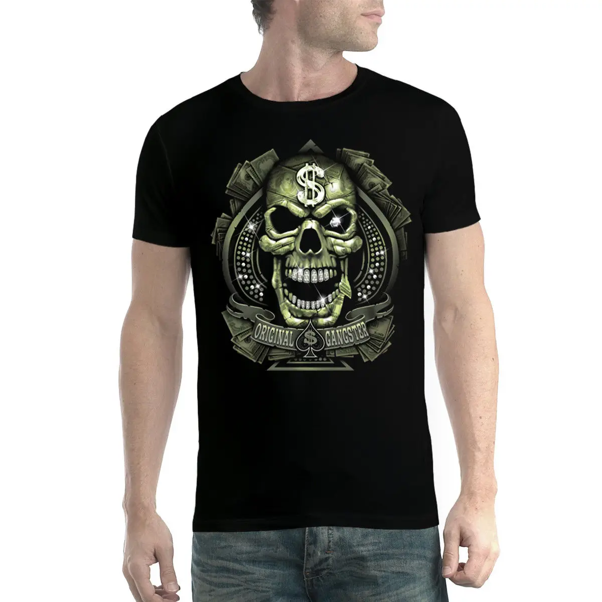 Diamond Skull Gangster Money Men T-shirt Tops wholesale Tee custom Environmental printed Tshirt cheap fashion t shirt |