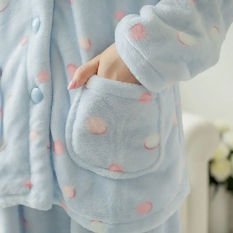 Женский пижамный комплект, зимняя Коралловая флисовая Милая Пижама, мультяшный принт, милый нагрудный пижамный комплект с длинными рукавами