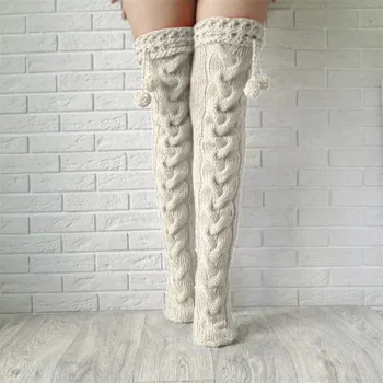 

Women Knit Long Socks Winter Warm Knitted Stocking Knee-High Socks Cotton Thigh Solid Color for Ladies Girls Teenagers 2020 Hot