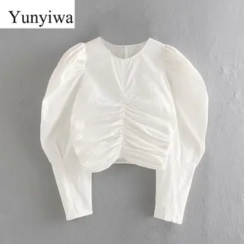 

Women Elegant Puff Sleeve Solid Color Pleated Short Shirt Ladies Long Sleeve Side Zipper Blouses Autumn Casual Slim Tops
