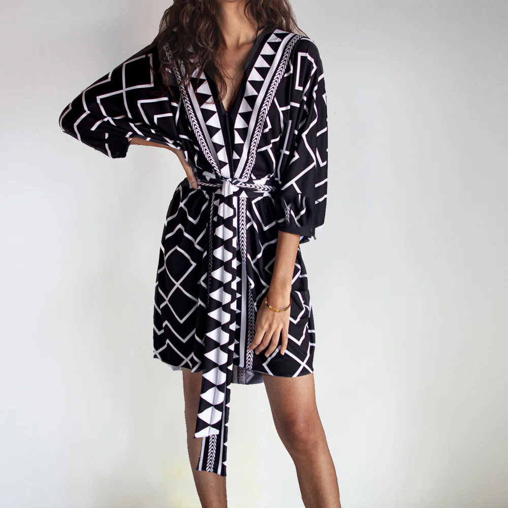 

Летнее платье-накидка «сделай сам», Черное короткое пляжное платье с принтом и поясом, купальный костюм в стиле бохо