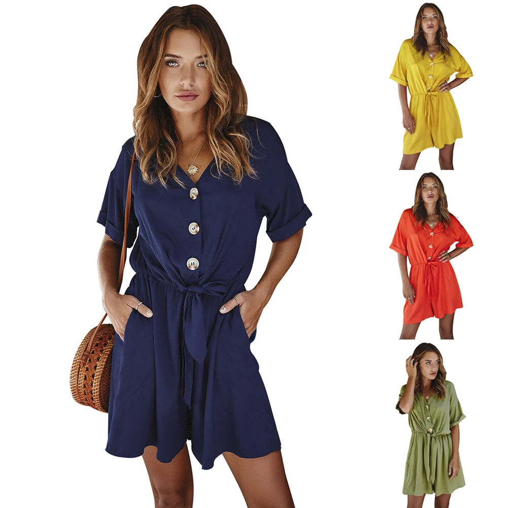 

2020 Spring Summer Loose Playsuit Button Bow Jumpsuit Beach Holiday Rompers Sexy Elastic Waist Belt Casual Overalls for Women