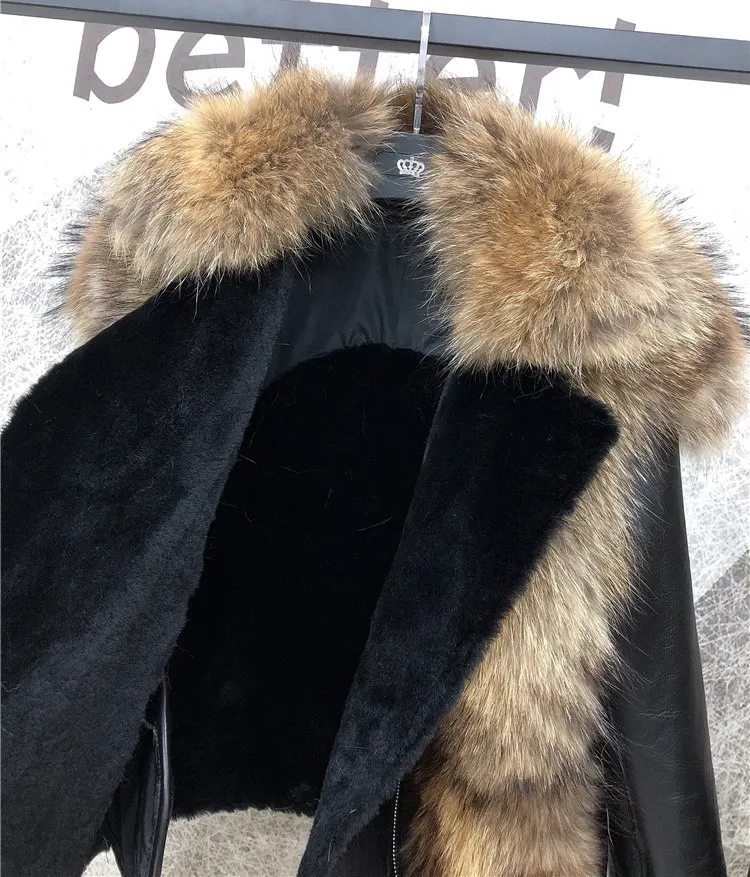 Women Sheepskin Coat With Real Sheep Fur Inside And Natural Raccoon Fur Collar Silver Fox Fur Trim Winter Jacket For Women Warm