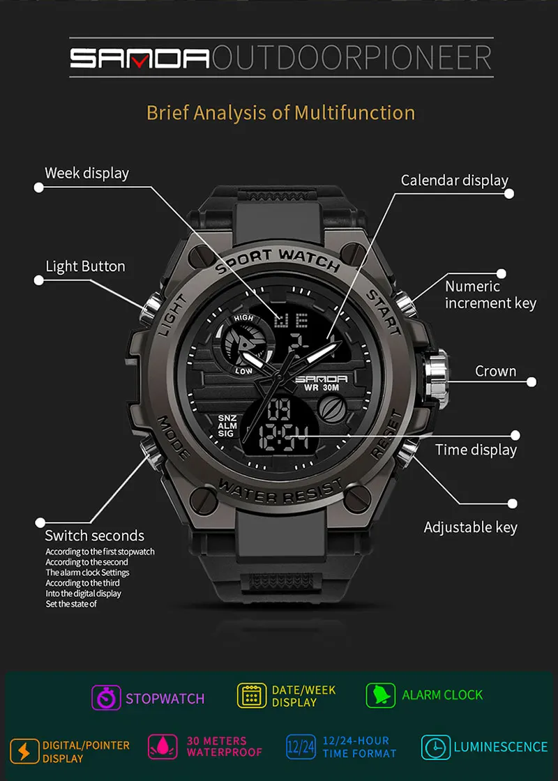 SANDA Brand G Style Men Digital Watch Shock Military Sports Watches Fashion Waterproof Electronic Wristwatch Mens Relogios 739