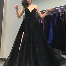 Robe De Soiree, платье для выпускного вечера,, с блестками, v-образный вырез, длинное, вечернее, торжественное платье, на тонких бретелях, с Боковым Разрезом, vestido de festa Abiye