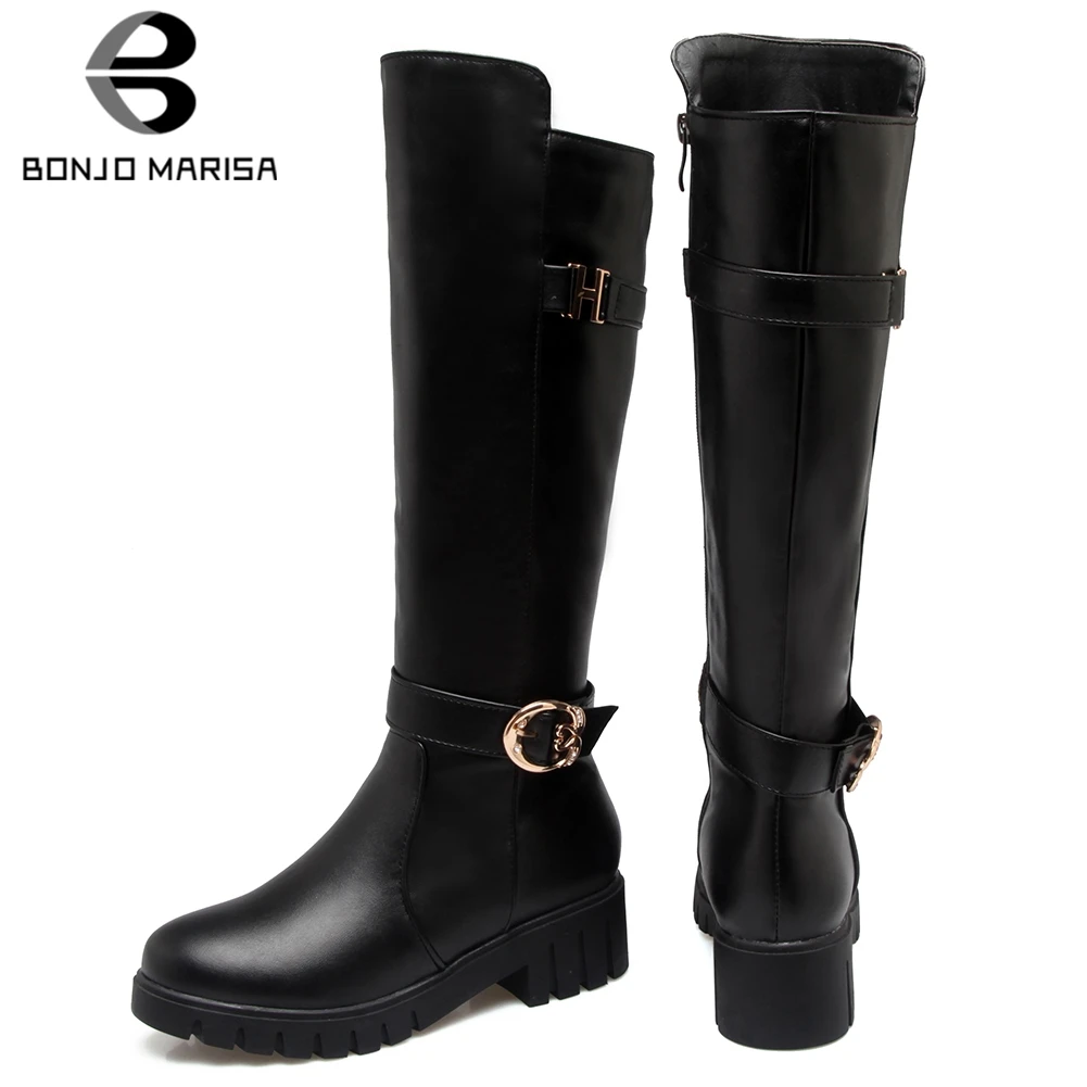 

BONJOMARISA Big Size 34-43 Ladies Elegant Black Knee High Knight Boots Women Comfort Platform Boots OL Med Heel Shoes Woman