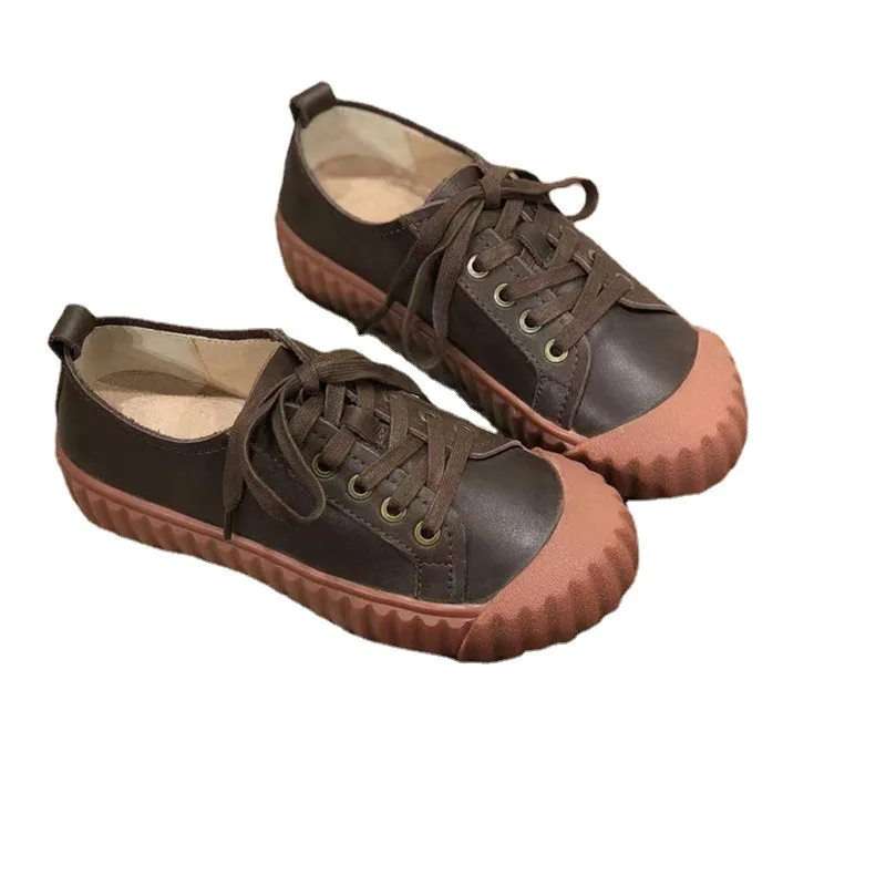 

228-1 Spring and Summer 2021 New Literary Women's Single Shoes Retro Head Soft Bottom Tie with Casual Cowhide Leather Shoes
