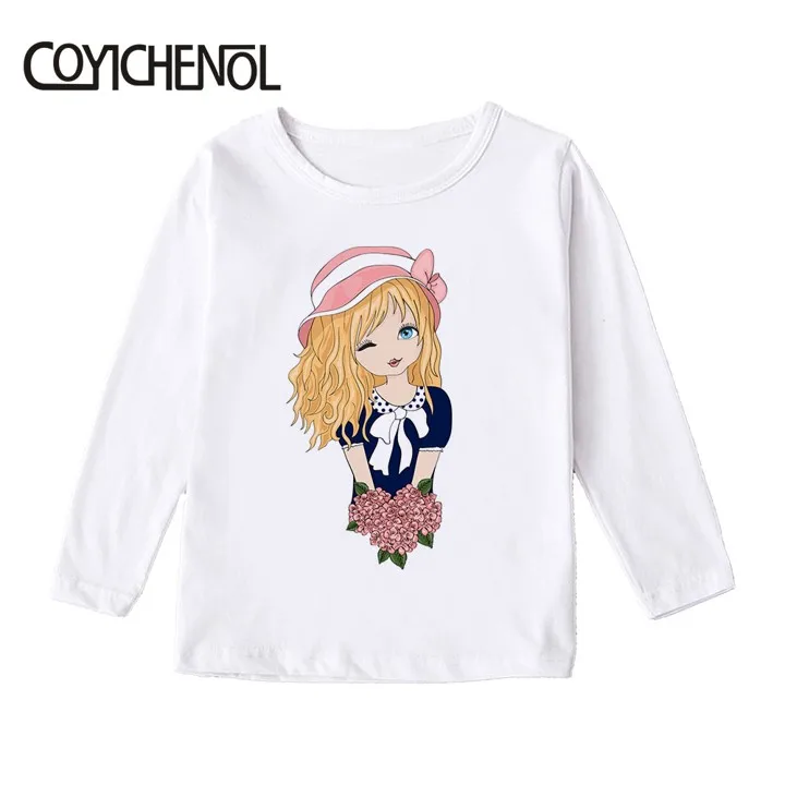 Г. Модная детская футболка для девочек с ручной росписью; Kawaii; сезон весна-осень; модальный длинный рукав с героями мультфильмов; детские топы с принтом - Цвет: Тёмно-синий