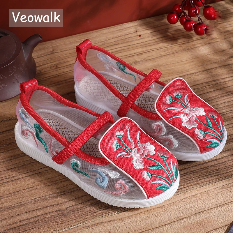 

Veowalk/сезон лето; В винтажном стиле; От 1 до 15 лет, детская одежда для девочек костюм на плоской подошве туфли с эластичным ремешком; Детские повседневные кроссовки с вышивкой на нескользящей подошве